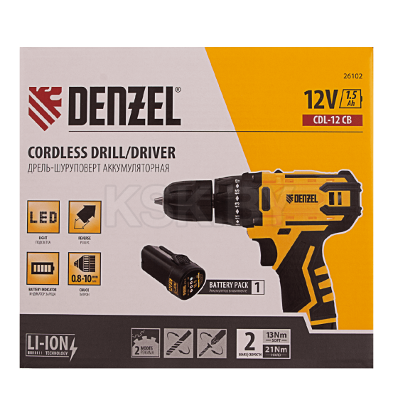 Дрель-шуруповерт аккумуляторная Denzel CDL-12CB (26102) 