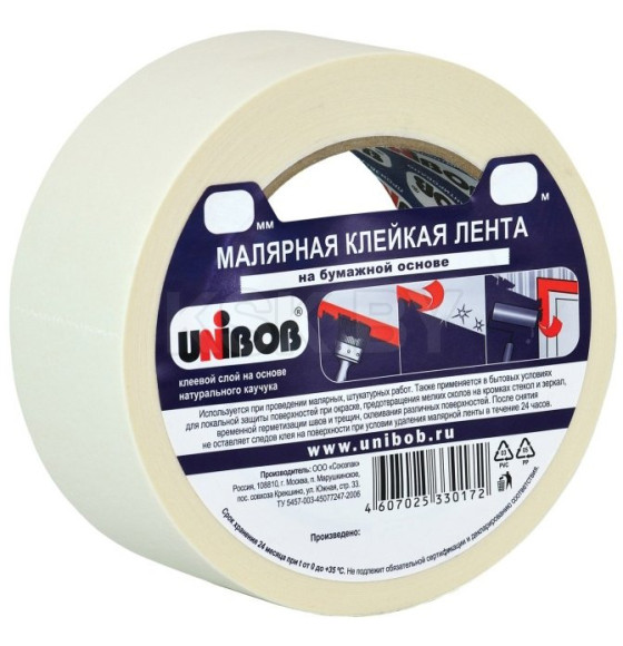 Клейкая лента малярная UNIBOB 72мм х 50м, белая  (76077) 