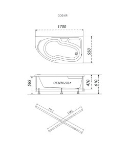Ванна гидромассажная Triton София -правая 1700 x 950 мм, Стандарт, Flat металл.(+гидро+спина+кран переключатель)