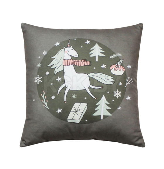 Подушка декоративная MATEX HAPPY NEW YEAR. WINTER. ЕДИНОРОЖКА НА СЕРОМ. Размер: 33x33 Цвет: серый, светло-зеленый (58-090) 
