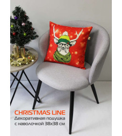 Подушка декоративная MATEX HAPPY NEW YEAR. CHRISTMAS. ОЛЕНЬ В ЗЕЛЕНОЙ ШАПКЕ.. Размер: 38x38 Цвет: Красный, фисташковый