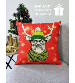 Подушка декоративная MATEX HAPPY NEW YEAR. CHRISTMAS. ОЛЕНЬ В ЗЕЛЕНОЙ ШАПКЕ.. Размер: 38x38 Цвет: Красный, фисташковый