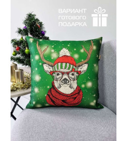 Подушка декоративная MATEX HAPPY NEW YEAR. CHRISTMAS. ОЛЕНЬ В КРАСНОЙ ШАПКЕ.. Размер: 38x38 Цвет: Зеленый, красный