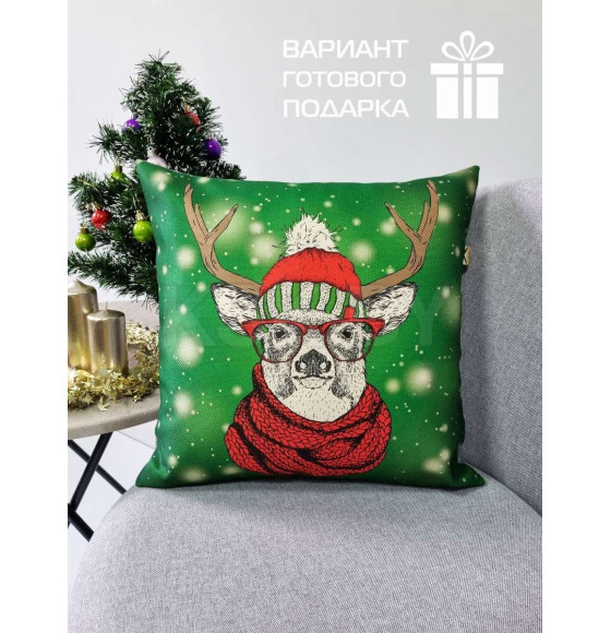 Подушка декоративная MATEX HAPPY NEW YEAR. CHRISTMAS. ОЛЕНЬ В КРАСНОЙ ШАПКЕ.. Размер: 38x38 Цвет: Зеленый, красный (37-699) 