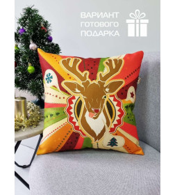 Подушка декоративная MATEX HAPPY NEW YEAR. CHRISTMAS. ОЛЕНЬ ПОДМИГИВАЕТ.. Размер: 38x38 Цвет: Красный, бежевый