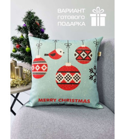 Подушка декоративная MATEX HAPPY NEW YEAR. CHRISTMAS. СНЕГИРИ И ШАРЫ.. Размер: 38x38 Цвет: Голубой, красный