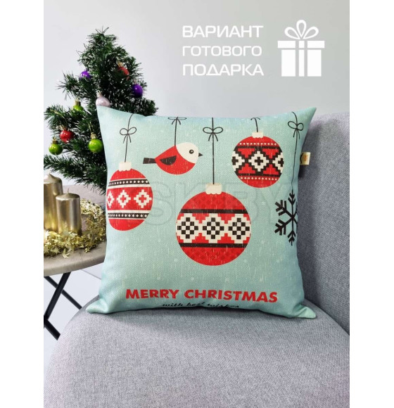 Подушка декоративная MATEX HAPPY NEW YEAR. CHRISTMAS. СНЕГИРИ И ШАРЫ.. Размер: 38x38 Цвет: Голубой, красный (37-743) 