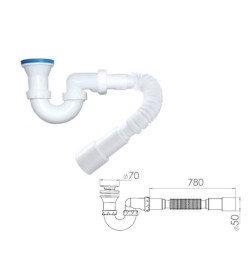Сифон для душевого поддона U-образный h 130mm, выпуск 70 мм, с гибкой трубой 1 1/2" - 40/50мм, AV Engineering
