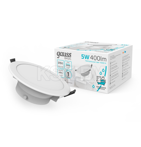 Светильник Gauss Basic Downlight круг 5W 400lm 4000K 210-240V IP54 90*44 белый LED  (9033420205) 