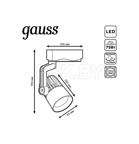 Светильник трековый однофазный LED, 4000К, 800 Лм, 60°, 10Вт, 100х70х193 мм цилиндр (черный) Gauss TR061 (TR061) 