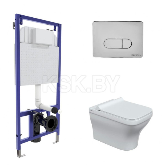 Комплект BERGES 042450 (инсталляция NOVUM, кнопка D3 хром глянец, унитаз Strati Rimless, сидение дюропласт Strati Slim SO) (042450) 