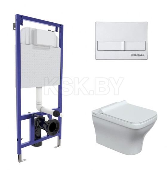 Комплект BERGES 042453 (инсталляция NOVUM, кнопка L2 матовый хром, унитаз Strati Rimless, сидение дюропласт Strati Slim SO) (042453) 