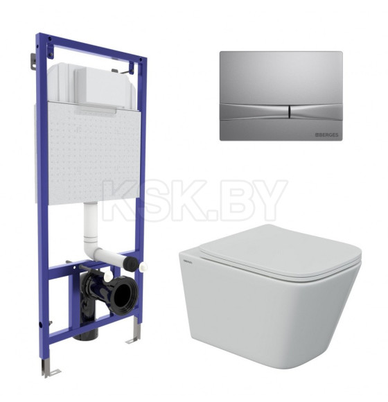 Комплект BERGES 043248 (инсталляция NOVUM525, кнопка F2 матовый хром, унитаз FLOE S Rimless, сиденье дюропласт Floe S Slim SO) (043248) 