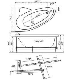 Ванна акриловая Triton Николь-правая NEW 1600 x 1000 мм, в комплекте с каркасом, сифоном
