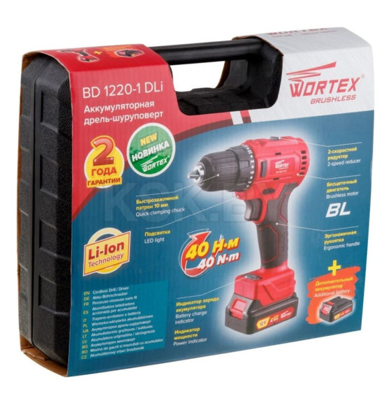 Дрель-шуруповерт аккумуляторная WORTEX BD 1220-1 DLi в чем. + Набор бит WORTEX BS 32 (4 мм) в подарок (BD12201DLi1029) 