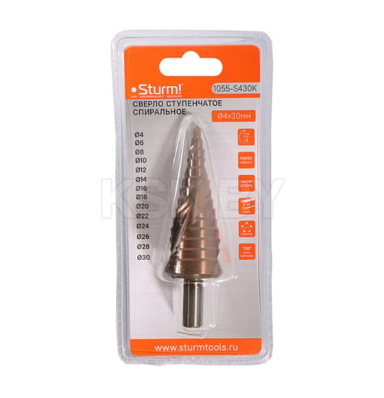 Сверло ступенчатое по металлу 4-30мм. Р6М5+COBALT Sturm! (1055-S430K) 