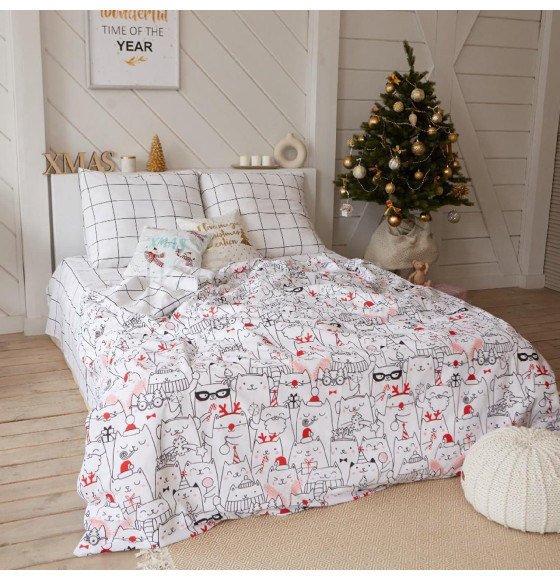 Постельное белье новогоднее Этель 1.5 сп Xmas cat 143*215 см, 150*214 см, 70*70 см - 2 штуки (4935599) 