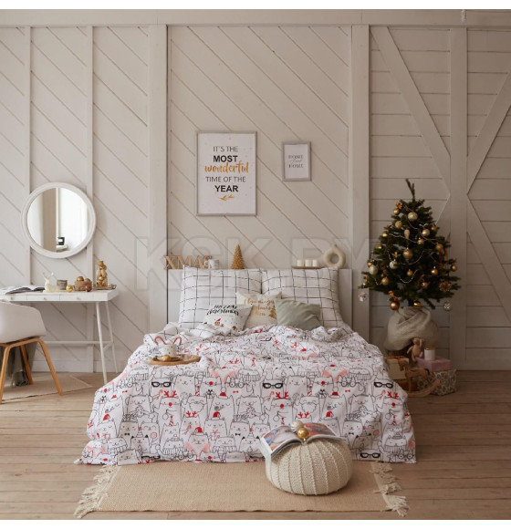 Постельное белье новогоднее Этель 1.5 сп Xmas cat 143*215 см, 150*214 см, 70*70 см - 2 штуки (4935599) 