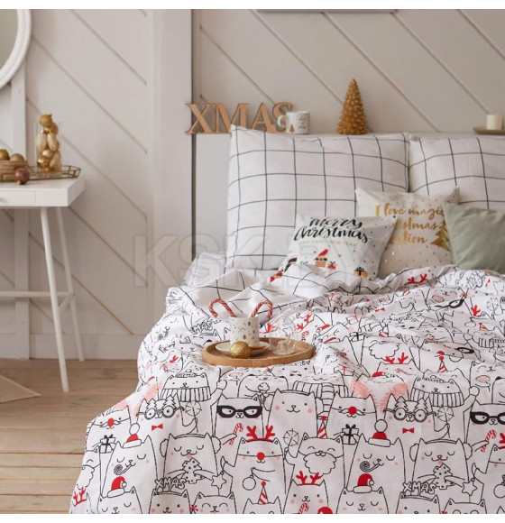 Постельное белье новогоднее Этель 1.5 сп Xmas cat 143*215 см, 150*214 см, 70*70 см - 2 штуки (4935599) 