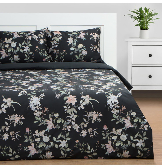 Постельное бельё Этель 2 сп Black flowers, 175х215 см, 200х214 см, 50х70 см -2 шт, мако-сатин 114г/м2 (9947013) 
