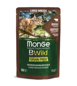 Влажный корм Monge Cat BWild GRAIN FREE для котят и кошек крупных пород, из мяса буйвола с овощами, паучи 85 г