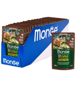 Влажный корм Monge Cat BWild GRAIN FREE для котят и кошек крупных пород, из мяса буйвола с овощами, паучи 85 г