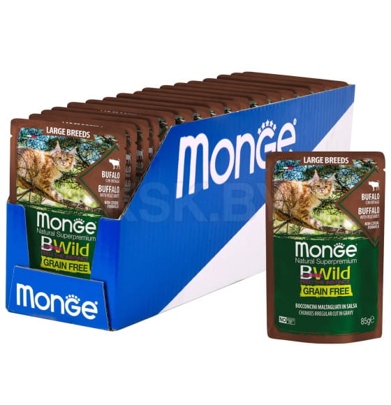 Влажный корм Monge Cat BWild GRAIN FREE для котят и кошек крупных пород, из мяса буйвола с овощами, паучи 85 г (70012751) 