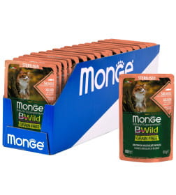 Влажный корм Monge Cat BWild GRAIN FREE для стерилизованных кошек, беззерновой, из лосося с креветками и овощами, паучи 85 г