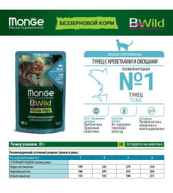 Влажный корм Monge Cat BWild GRAIN FREE для стерилизованных кошек, беззерновой, из тунца с креветками и овощами, паучи 85 г