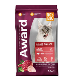 Сухой корм AWARD Indoor Big cats для взрослых домашних кошек крупных пород с говядиной и курицей 1,5кг