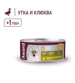 Влажный корм AWARD для взрослых кошек паштет из утки с клюквой 100г