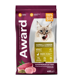 Сухой корм AWARD Hairball & Indoor для взрослых кошек для выведения шерсти с уткой и индейкой 400гр