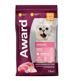 Сухой корм AWARD Sterilized для взрослых стерилизованных кошек с индейкой и курицей с добавлением клюквы и цикория. 1,5кг