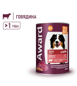 Влажный корм AWARD для взрослых собак паштет из говядины с бататом 400г