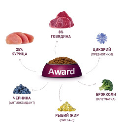 Сухой корм AWARD для взрослых собак всех пород с говядиной и курицей с добавлением брокколи и черники 2 кг