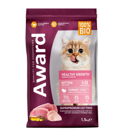 Сухой корм AWARD Healthy growth для котят от 1 месяца, беременных и кормящих кошек с индейкой и курицей 1,5кг