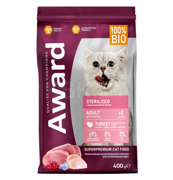 Сухой корм AWARD Sterilized для взрослых стерилизованных кошек с индейкой и курицей с добавлением клюквы и цикория. 400гр (7173570) 