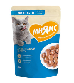 Влажный корм Мнямс Кусочки в соусе с форелью для красивой шерсти кошек 85г