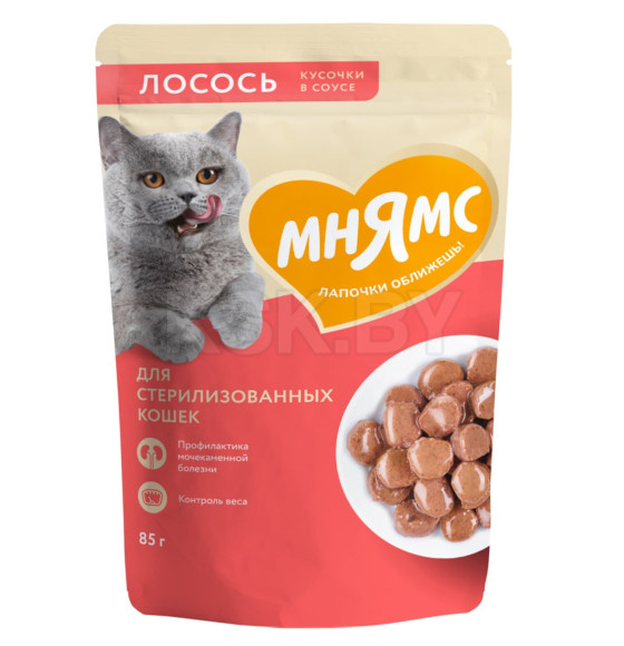 Влажный корм Мнямс Кусочки в соусе с лососем для стерилизованных кошек 85г (176953) 