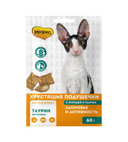 Лакомство Мнямс "Здоровье и активность" хрустящие подушечки для кошек с курицей и сыром 60 г