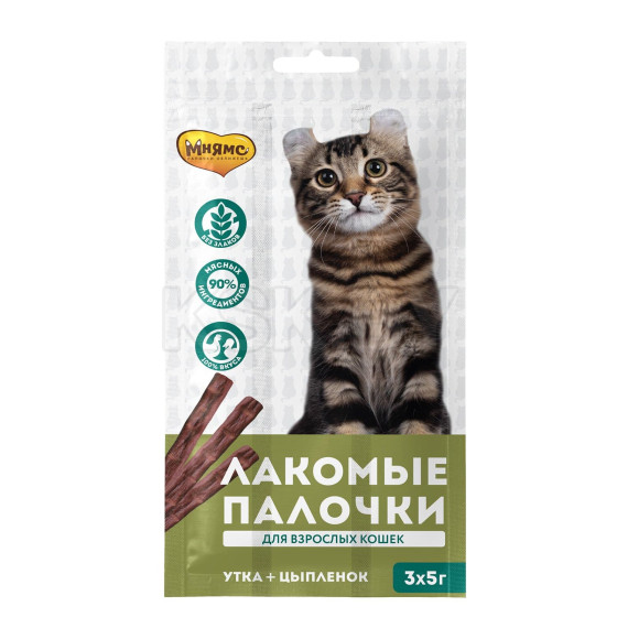 Лакомство Мнямс лакомые палочки 13,5 см для кошек с цыпленком и уткой 3х5 г (0055) 