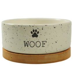 Миска Mr.Kranch Bamboo WOOF керамическая белая на бамбуковой подставке 470 мл