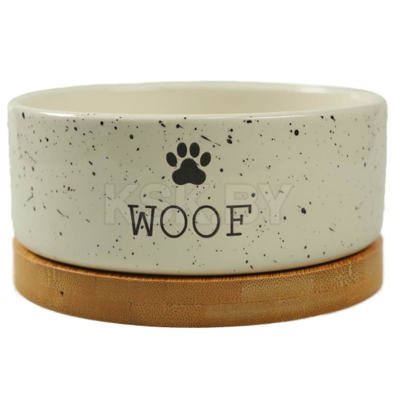 Миска Mr.Kranch Bamboo WOOF керамическая белая на бамбуковой подставке 470 мл (MKR543660) 