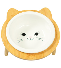 Миска Mr.Kranch Bamboo для кошек керамическая белая на бамбуковой подставке 400 мл