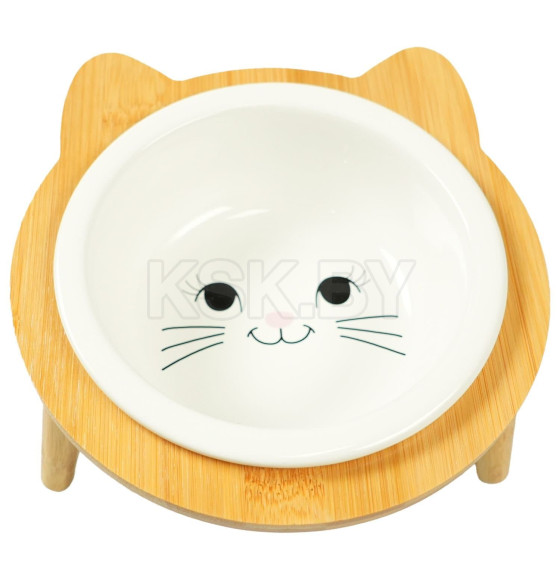 Миска Mr.Kranch Bamboo для кошек керамическая белая на бамбуковой подставке 400 мл (MKR543707) 