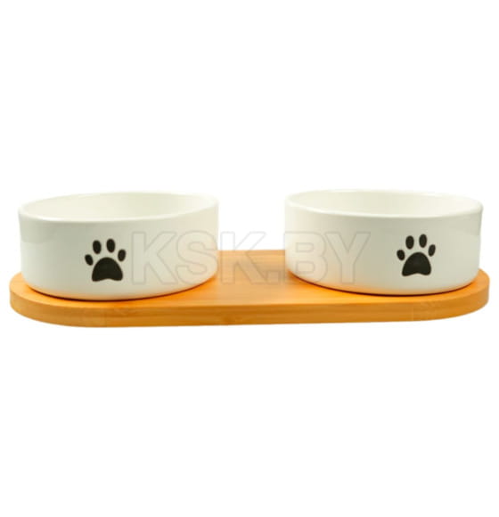 Миска Mr.Kranch Bamboo керамическая белая двойная на бамбуковой подставке 2х350 мл (MKR543745) 