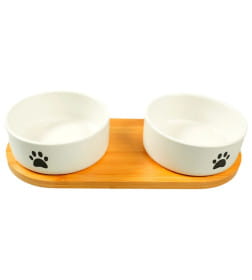 Миска Mr.Kranch Bamboo керамическая белая двойная на бамбуковой подставке 2х350 мл