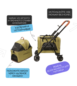 Коляска прогулочная Mr.Kranch для собак и кошек двойная, оливковая