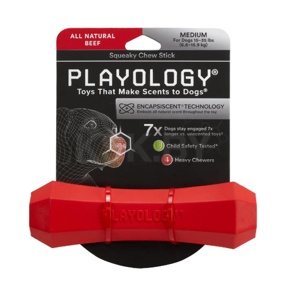 Жевательная палочка Playology SQUEAKY CHEW STICK для собак средних пород с ароматом говядины, средняя, цвет красный (P3000874) 