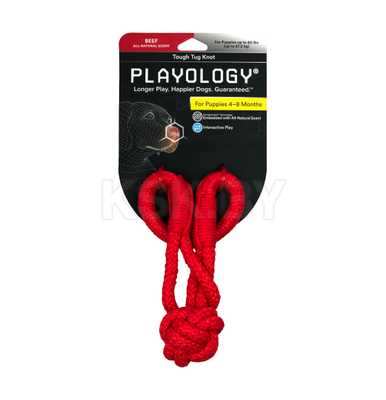 Жевательный канат Playology TOUGH TUG KNOT для щенков 4-8 месяцев с ароматом говядины, цвет красный (P33358) 